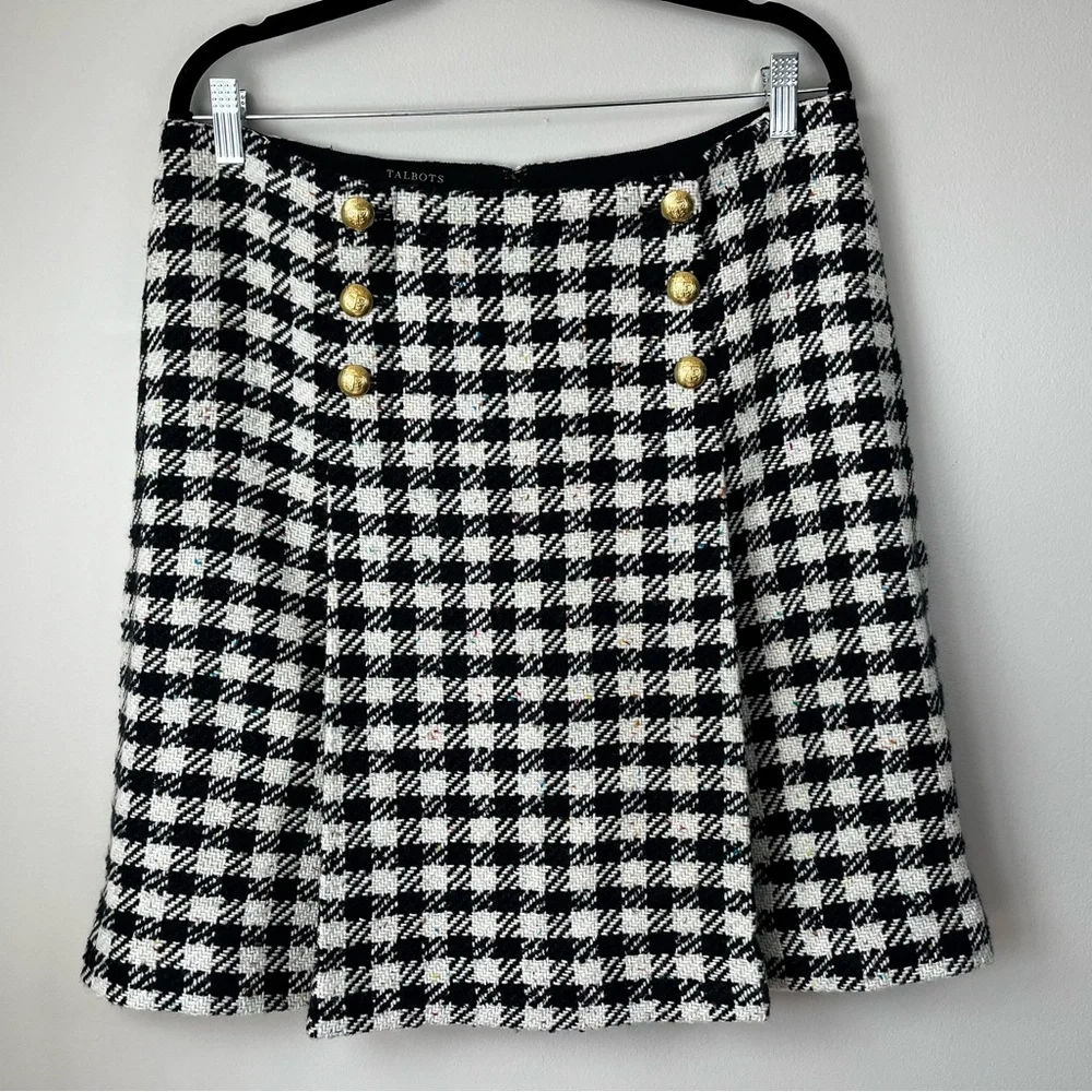 NWT Talbots Women's 12 Multicolor Houndstooth Tweed Mini Skirt Gold Buttons